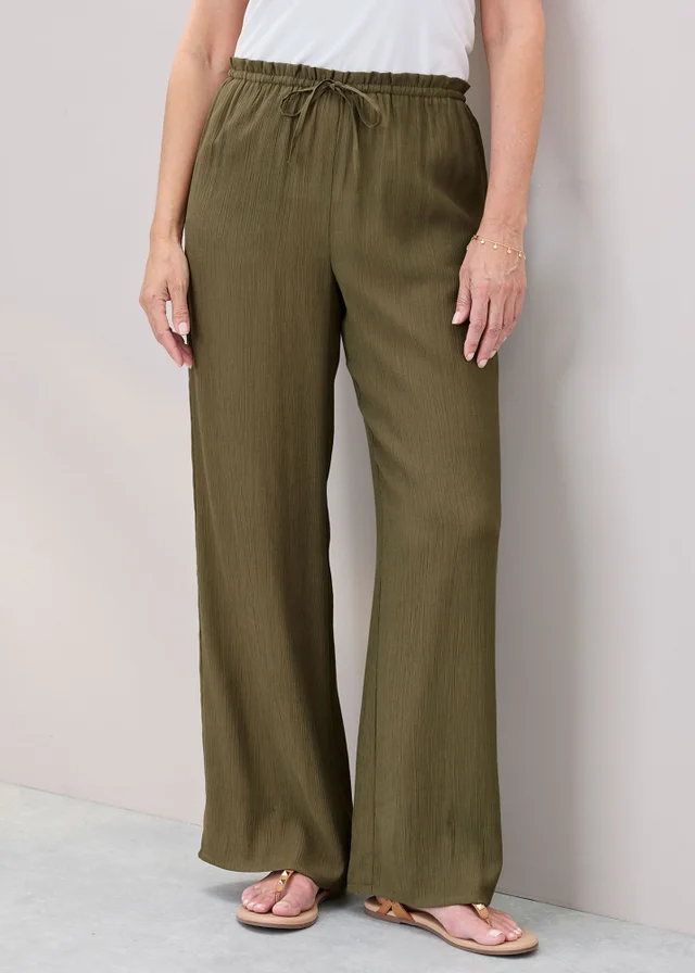 Cotton Traders Mid Khaki Crinkle Pull On Wide Leg Trousers