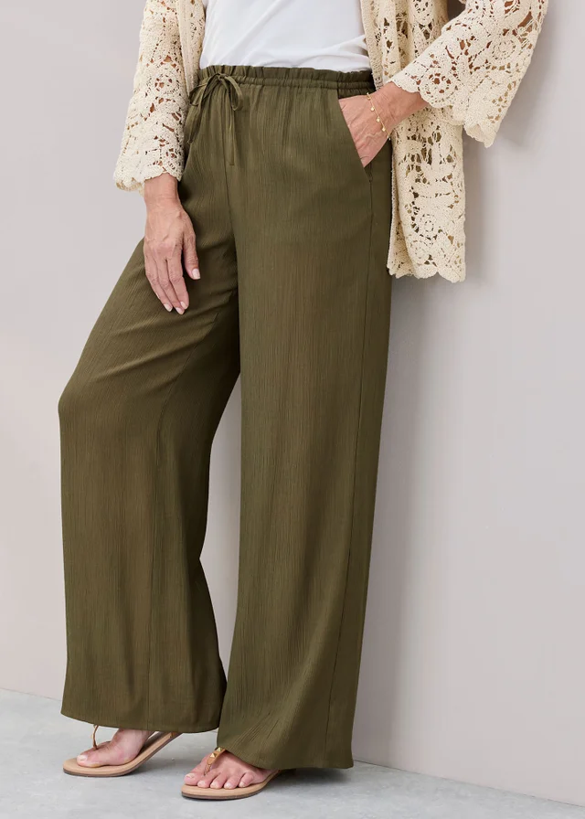 Cotton Traders Mid Khaki Crinkle Pull On Wide Leg Trousers