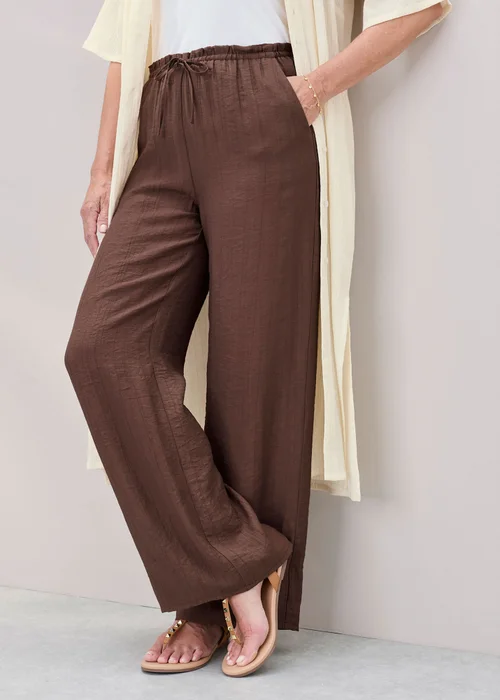 Cotton Traders Mocha Chocolate Crinkle Pull On Wide Leg Trousers - 8/L29 Image 1