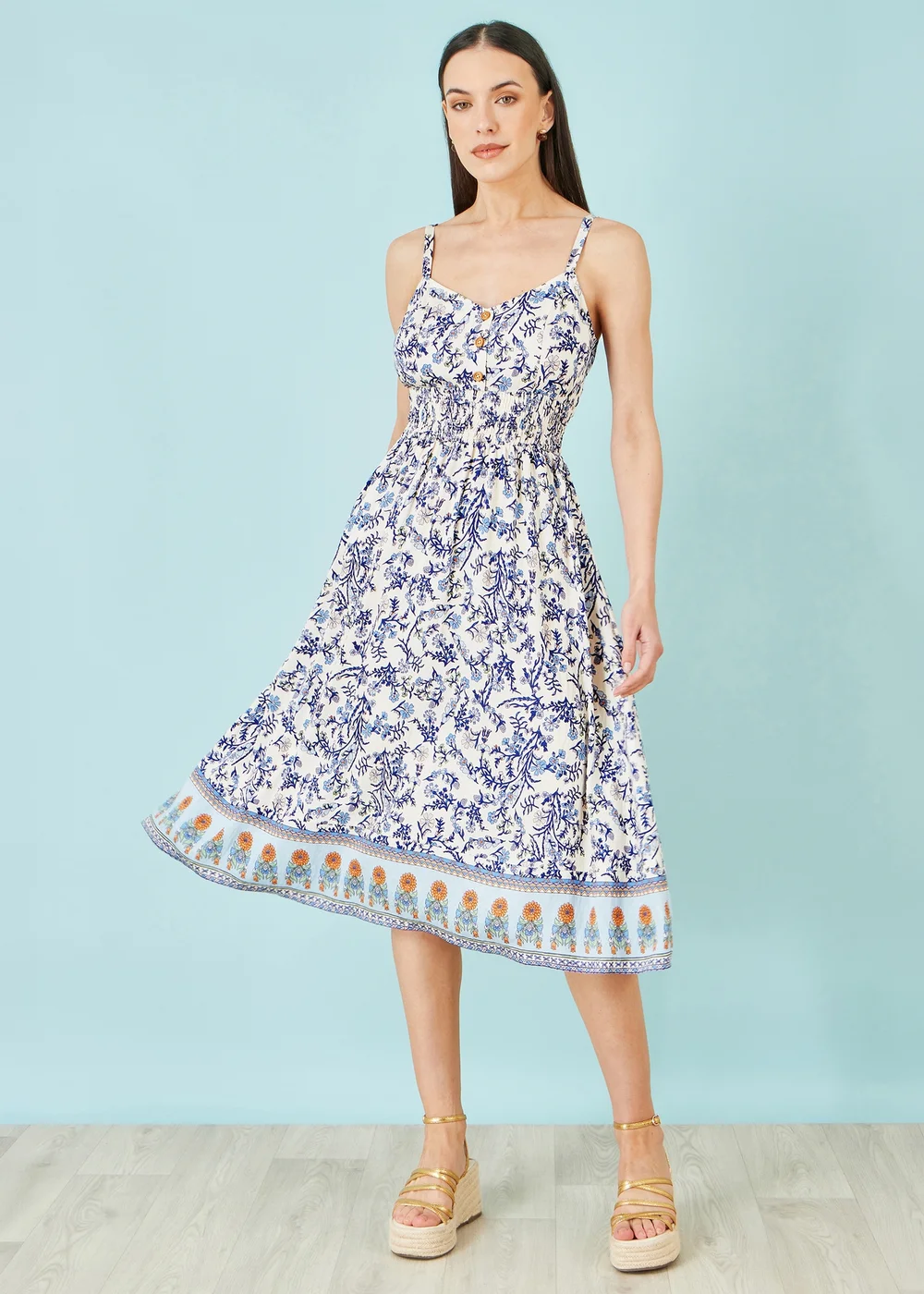 Yumi White Floral Border Print Viscose Midi Sun Dress - 12 Image 2