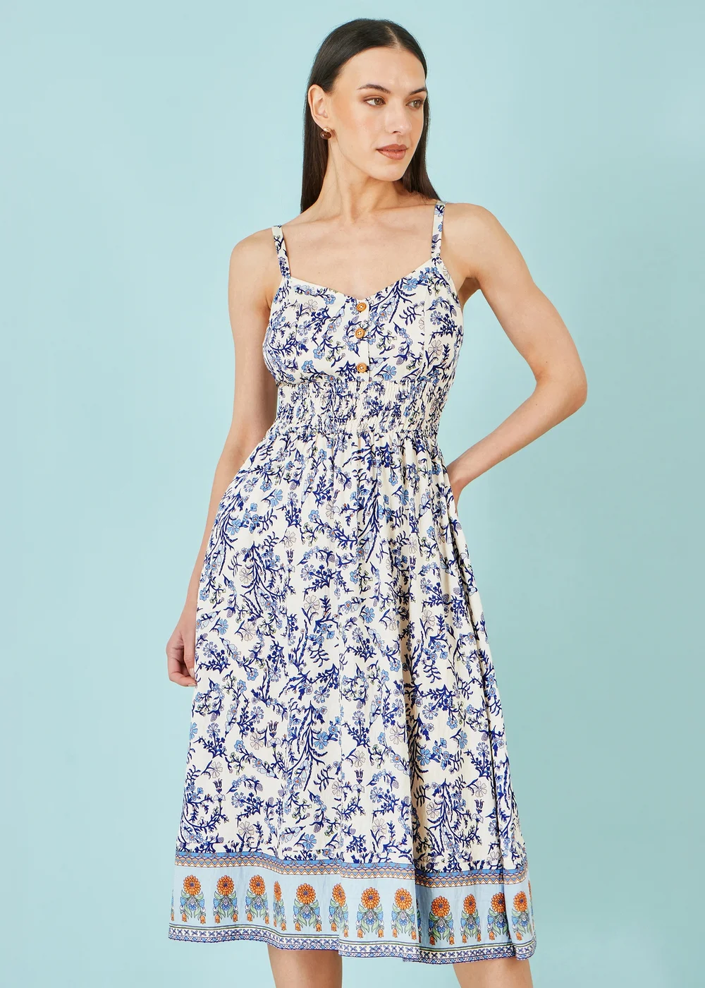 Yumi White Floral Border Print Viscose Midi Sun Dress - 12 Image 1