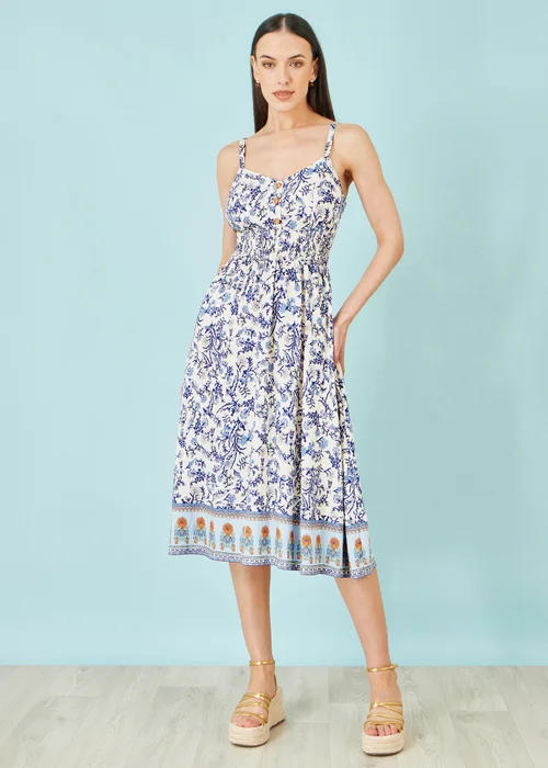 Yumi White Floral Border Print Viscose Midi Sun Dress - 12 Image 3