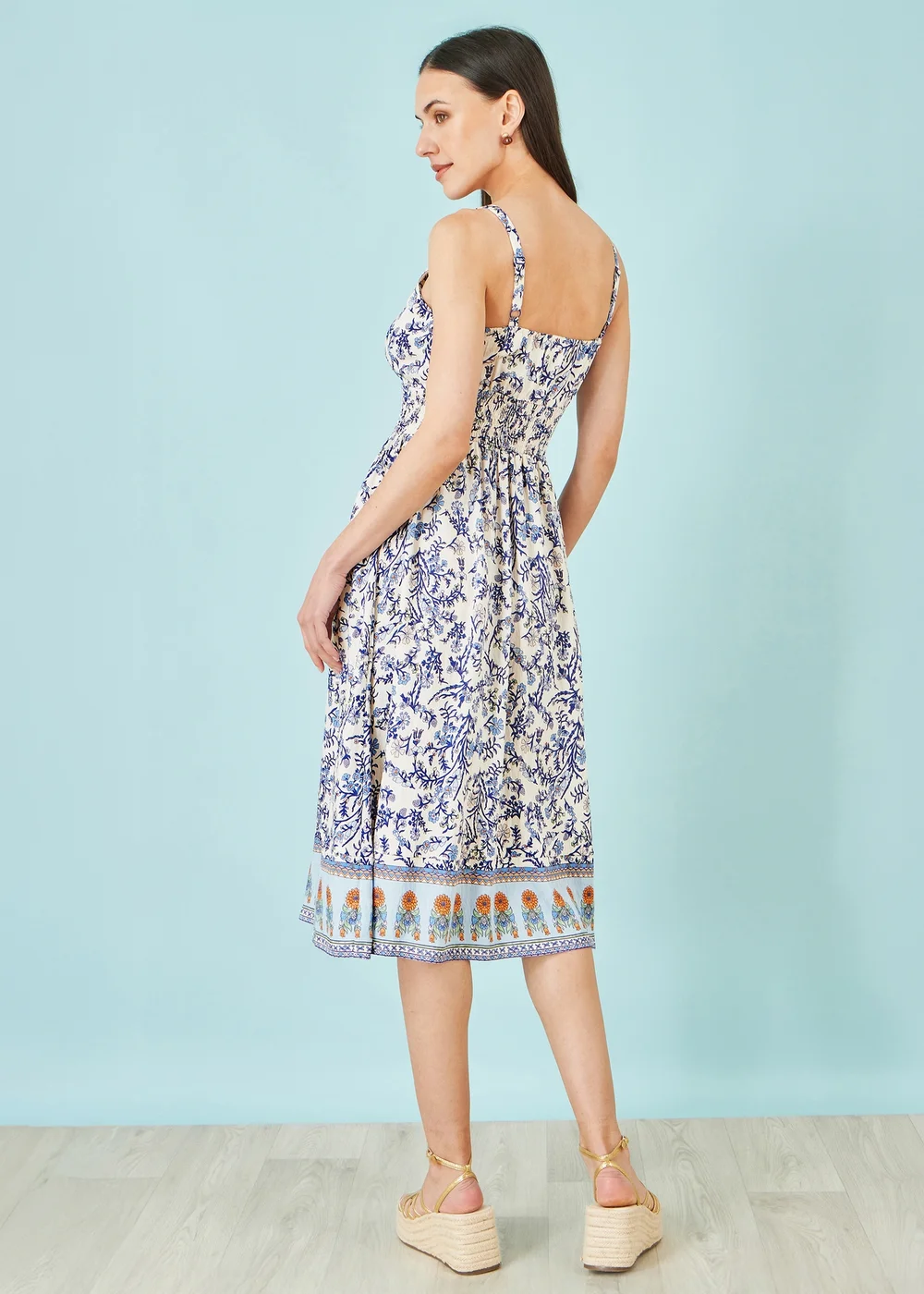 Yumi White Floral Border Print Viscose Midi Sun Dress - 12 Image 4