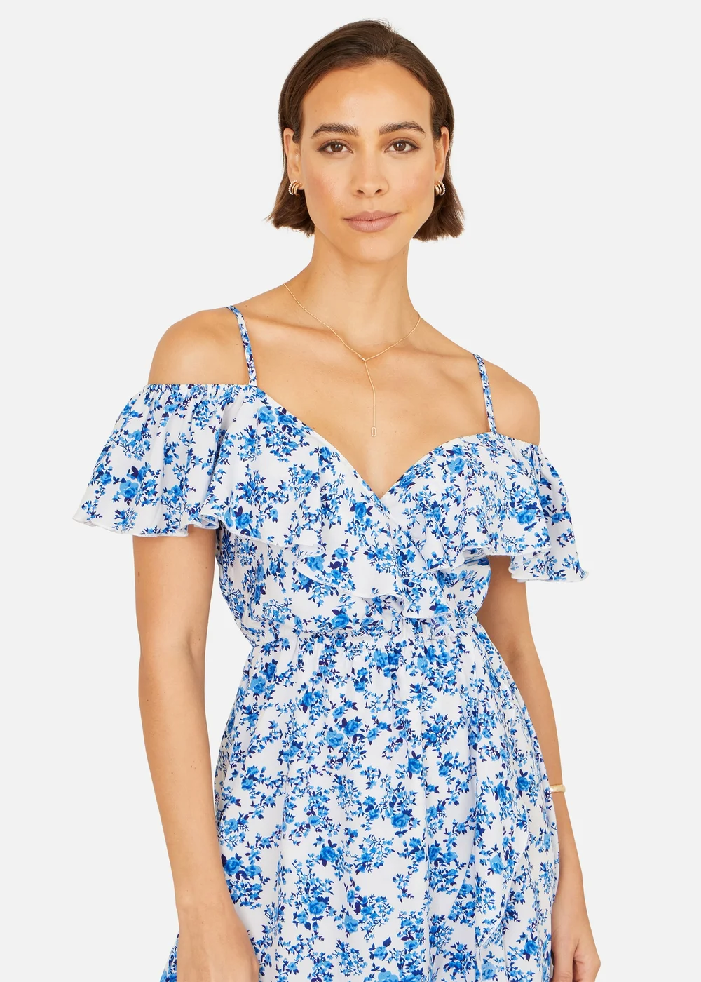 Yumi Blue Floral Print Bardot Midi Dress With Dip Hem - 12 Image 3