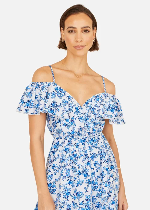 Yumi Blue Floral Print Bardot Midi Dress With Dip Hem - 12 Image 3