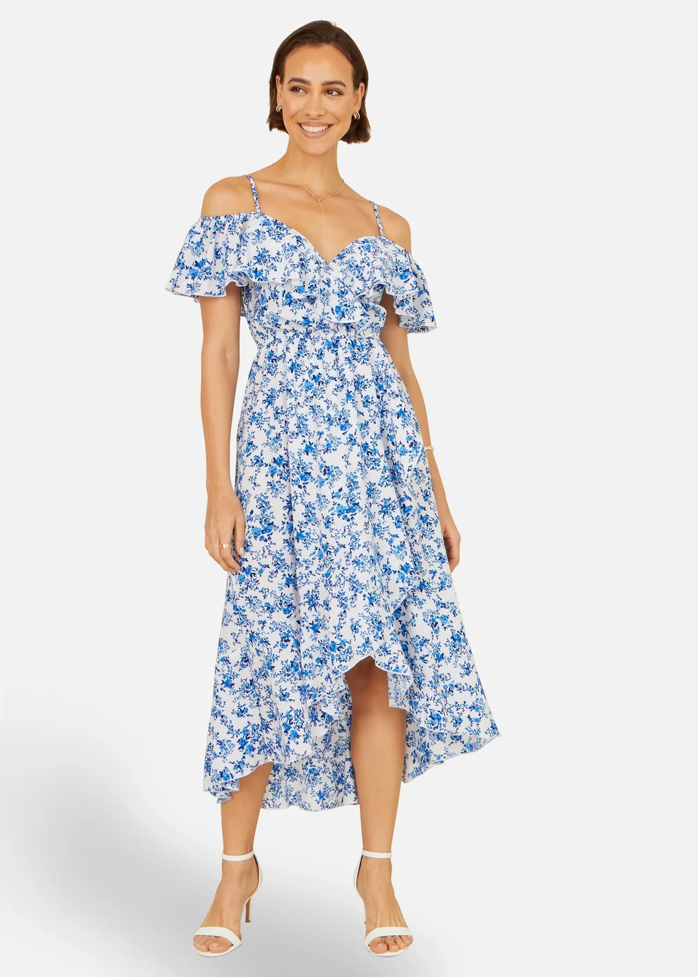 Yumi Blue Floral Print Bardot Midi Dress With Dip Hem - 12 Image 1