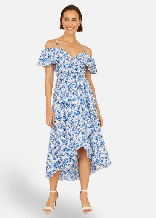 Yumi Blue Floral Print Bardot Midi Dress With Dip Hem - 12 Image 1