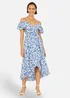 Yumi Blue Floral Print Bardot Midi Dress With Dip Hem - 12 Image 1