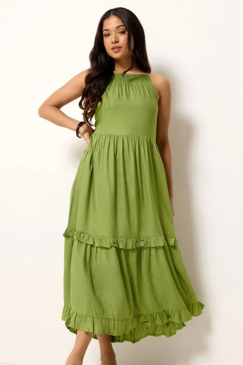 PixieGirl Petite Green Halter Neck Tiered Maxi Dress - 12 Image 1