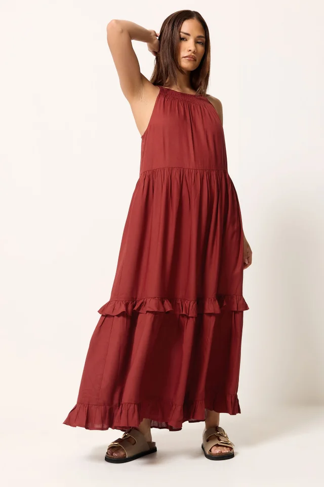 PixieGirl Petite Red Halter Neck Tiered Maxi Dress