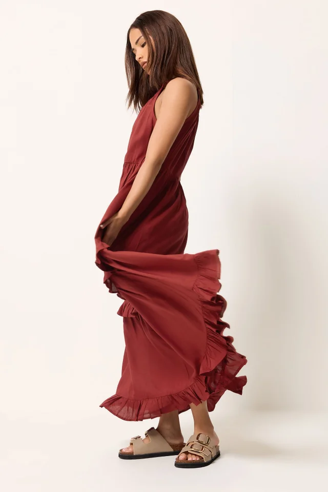 PixieGirl Petite Red Halter Neck Tiered Maxi Dress