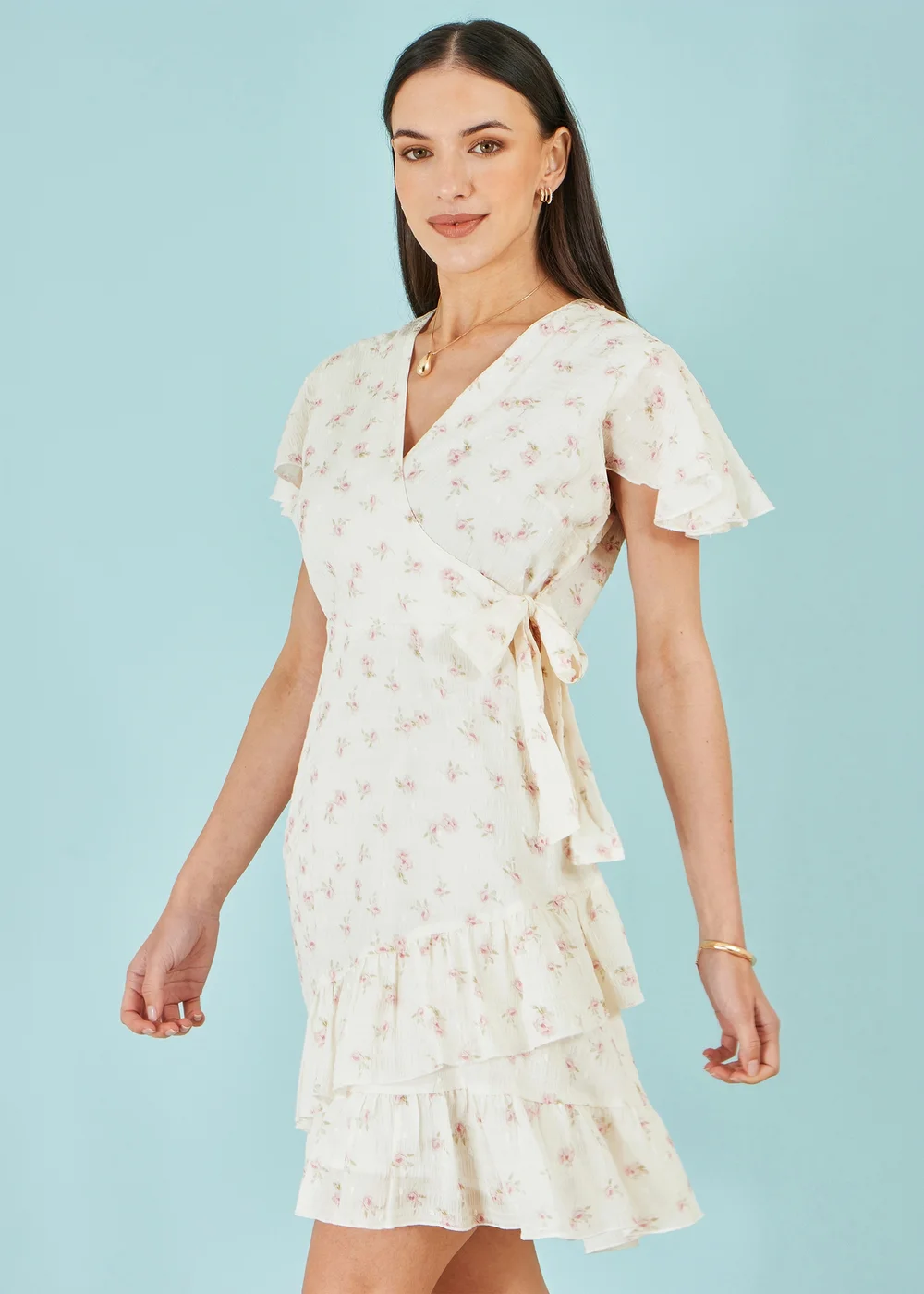 Yumi White Rose Print Wrap Over Frill Dress - 14 Image 1