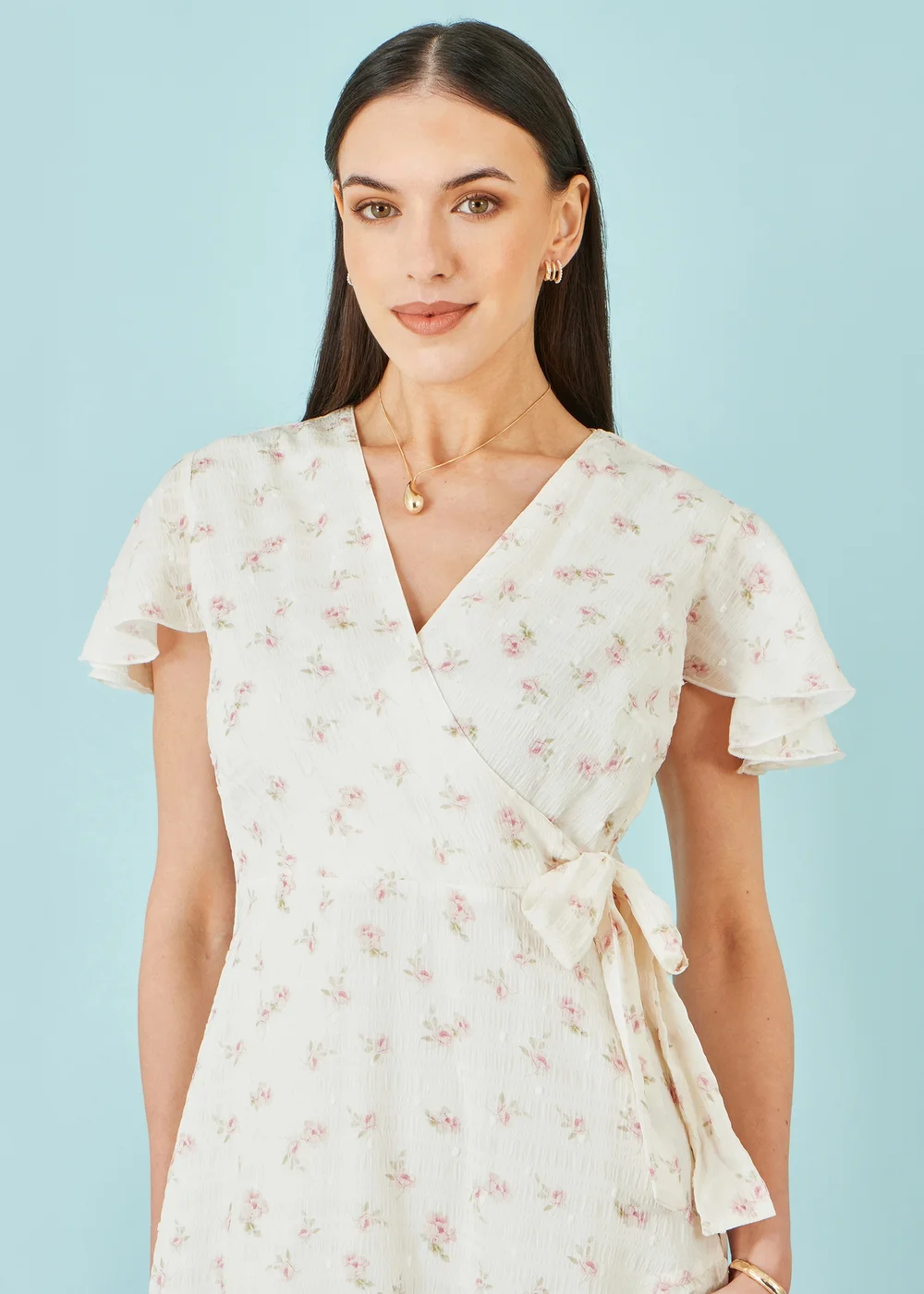Yumi White Rose Print Wrap Over Frill Dress - 14 Image 4