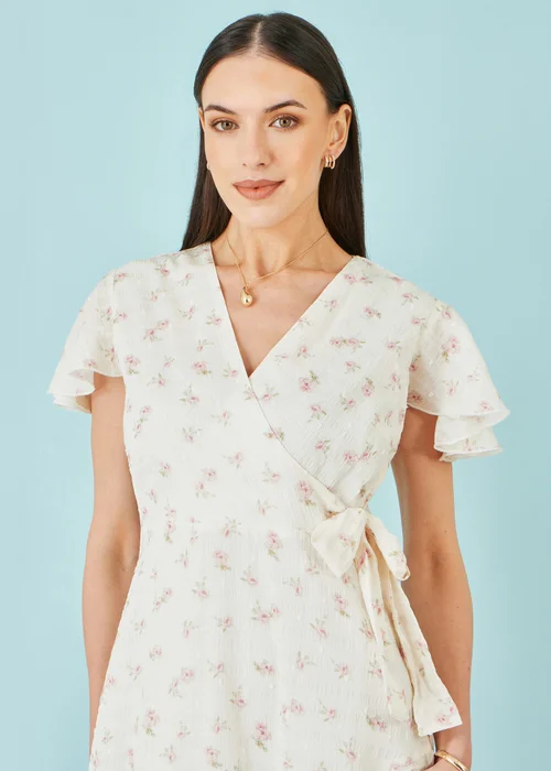 Yumi White Rose Print Wrap Over Frill Dress - 14 Image 4
