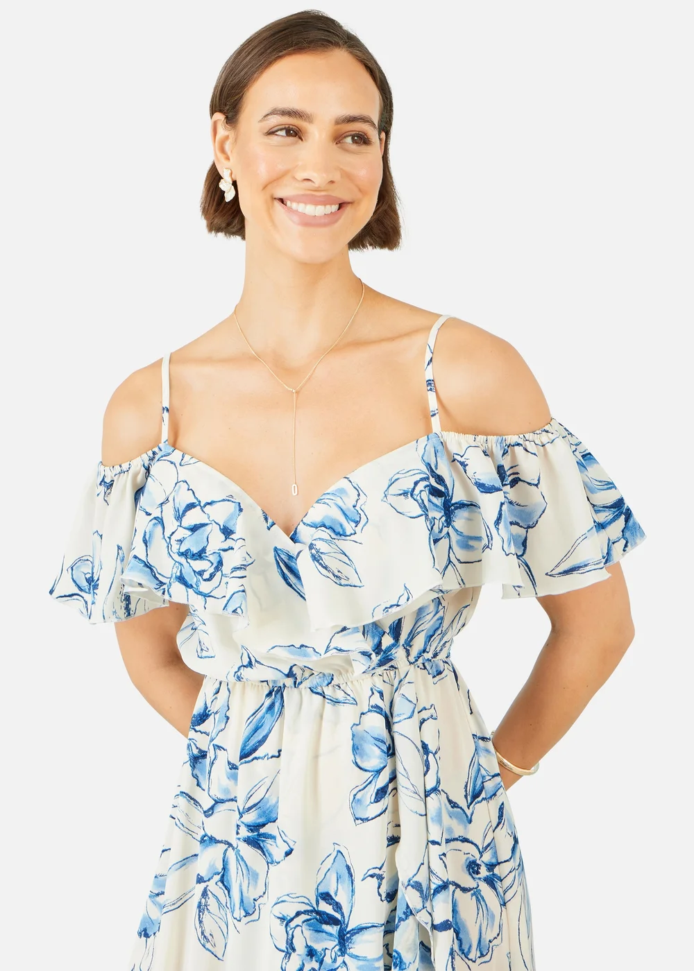 Yumi Ivory Floral Print Bardot Midi Dress With Dip Hem - 8 Image 3