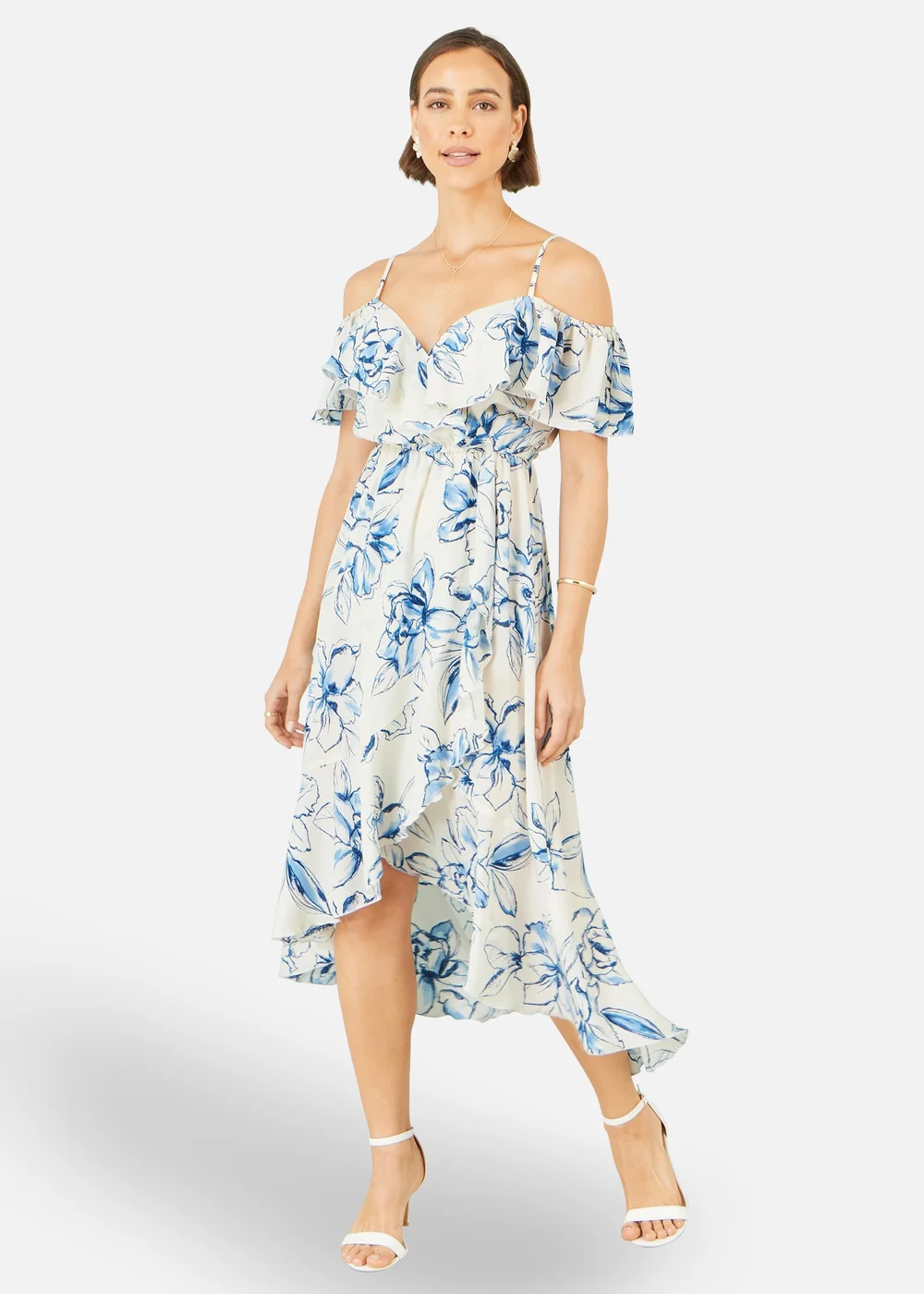 Yumi Ivory Floral Print Bardot Midi Dress With Dip Hem - 8 Image 1