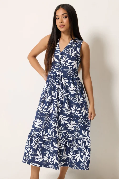 M&Co Petite Navy Blue Leaf Print Sleeveless Cotton Midi Dress - 14 Image 1
