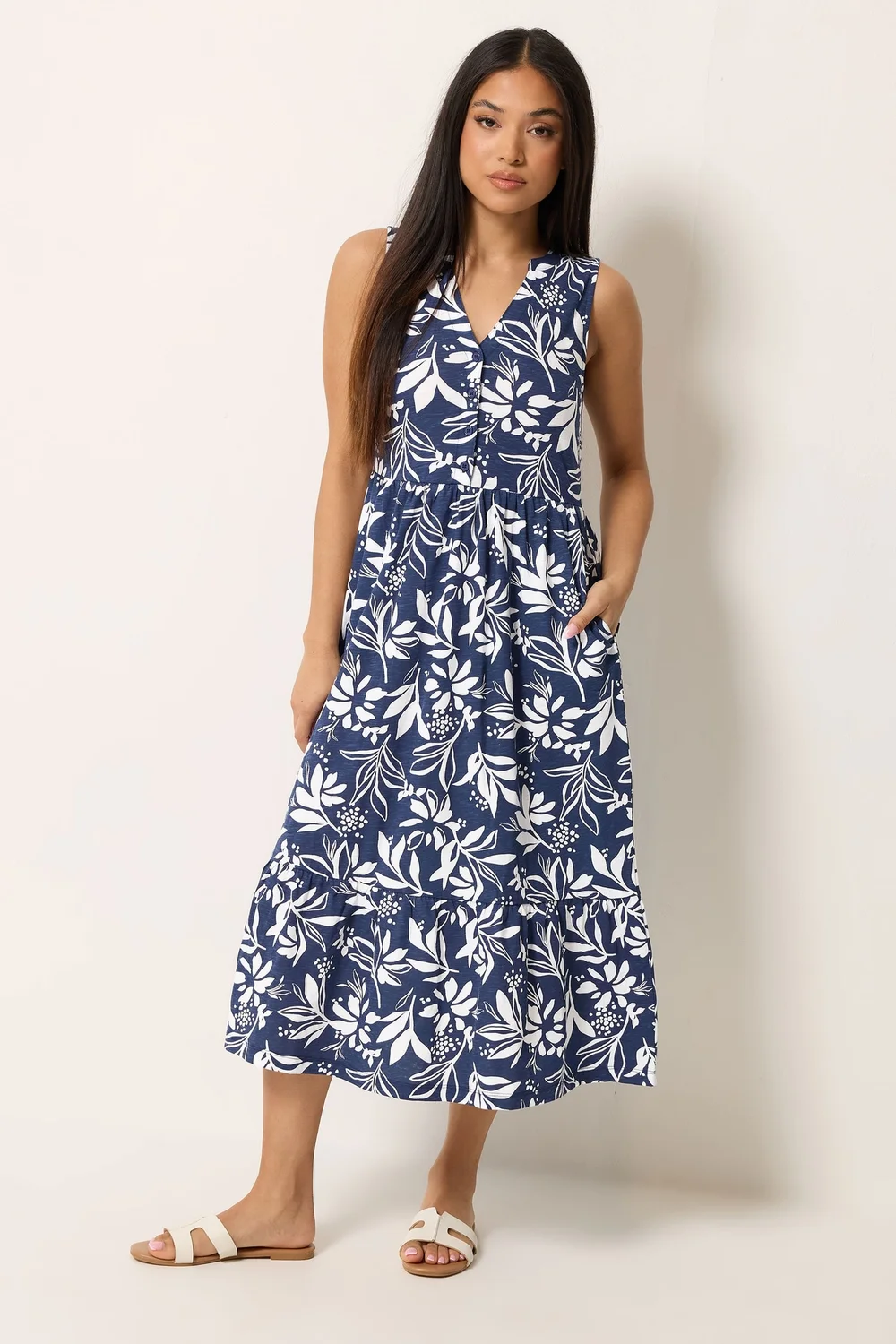 M&Co Petite Navy Blue Leaf Print Sleeveless Cotton Midi Dress - 14 Image 2