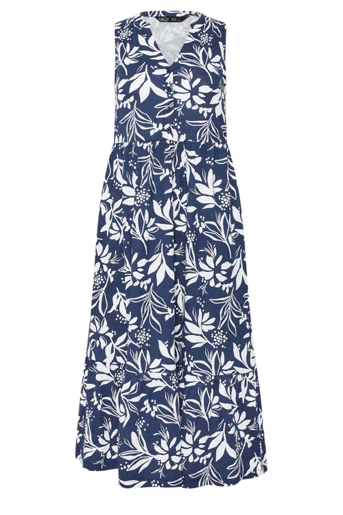 M&Co Petite Navy Blue Leaf Print Sleeveless Cotton Midi Dress - 14 Image 5