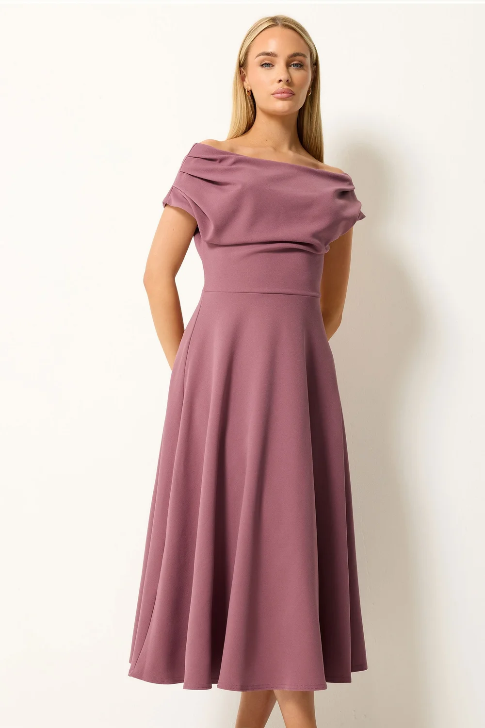 Star By Julien Macdonald Mauve Purple Off Shoulder Fit & Flare Dress - 18 Image 2