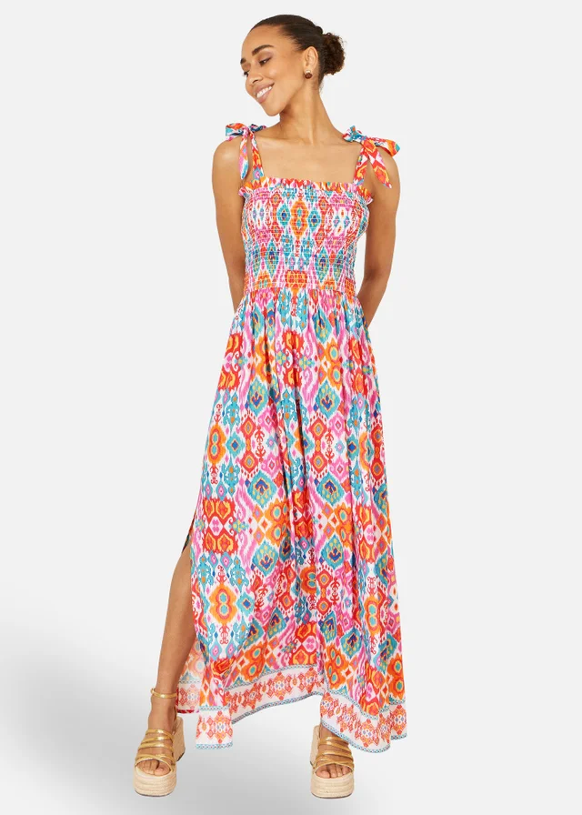 Yumi Multicolour Ikat Print Maxi Viscose Sun Dress
