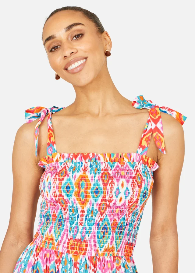 Yumi Multicolour Ikat Print Maxi Viscose Sun Dress