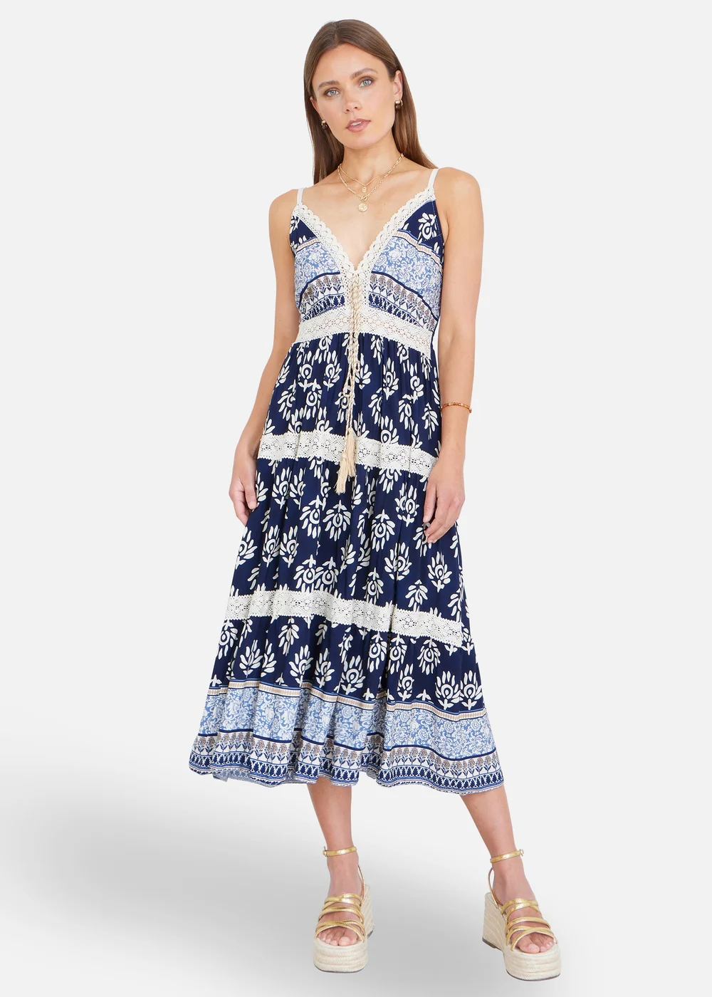 Yumi Navy Viscose Paisley Print Midi Sun Dress - 14 Image 1