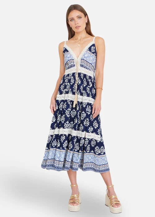 Yumi Navy Viscose Paisley Print Midi Sun Dress - 14 Image 1