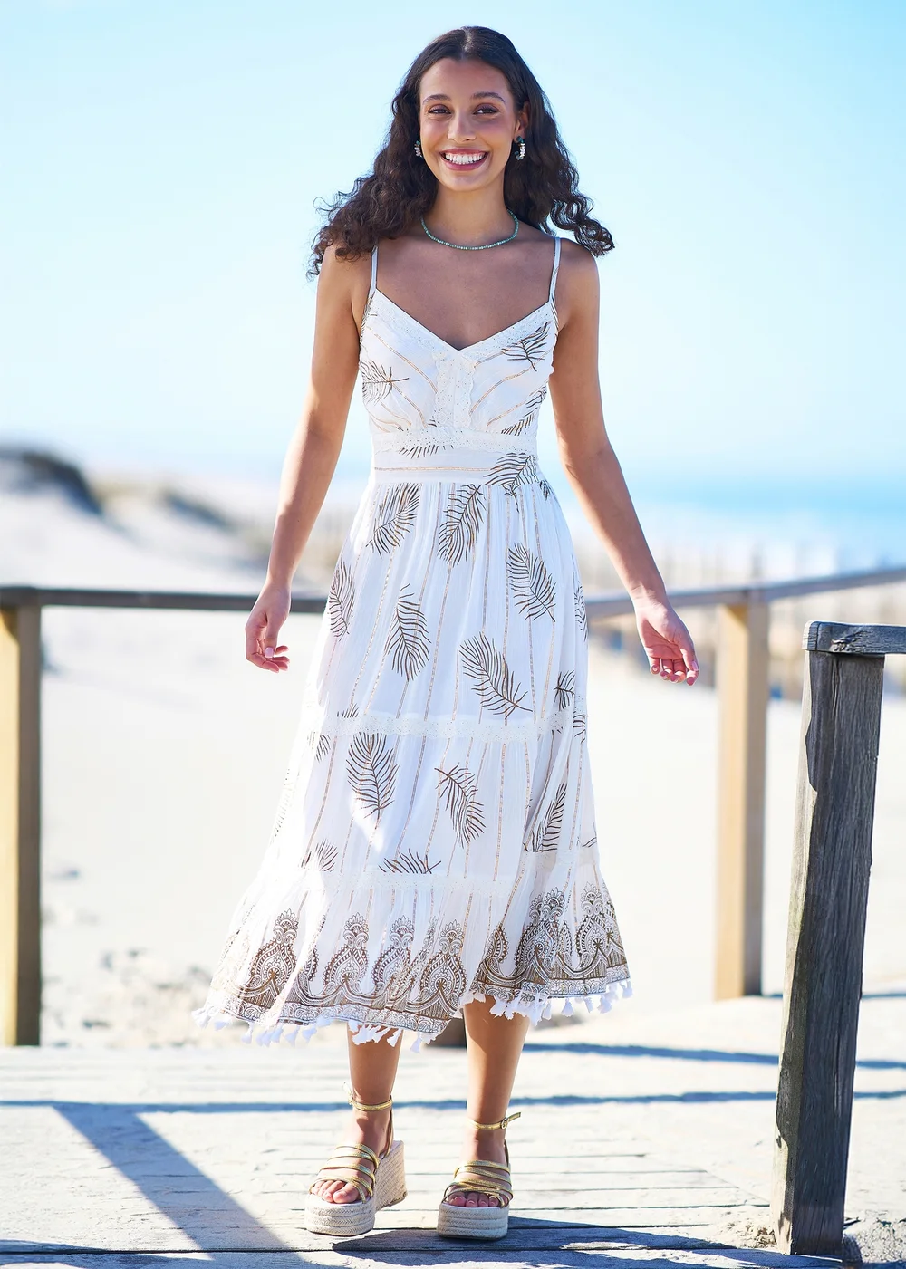 Yumi Ivory Foil Print Midi Sun Dress With Lace Trims - 10 Image 1