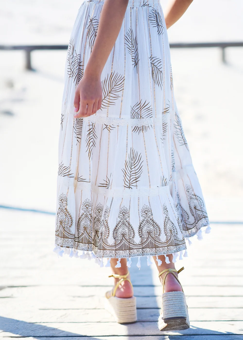 Yumi Ivory Foil Print Midi Sun Dress With Lace Trims - 10 Image 3
