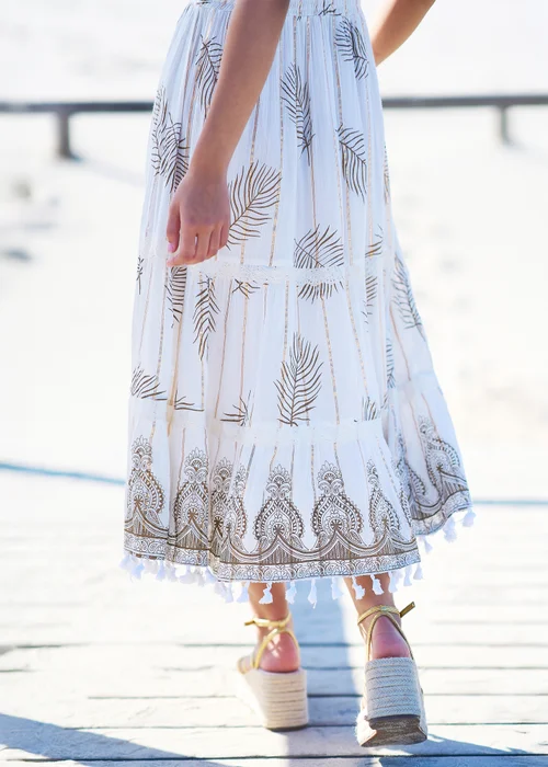 Yumi Ivory Foil Print Midi Sun Dress With Lace Trims - 10 Image 3