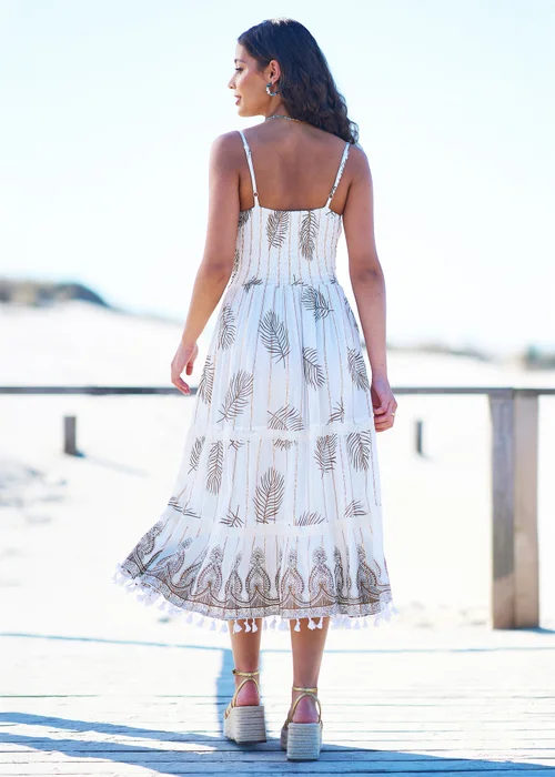 Yumi Ivory Foil Print Midi Sun Dress With Lace Trims - 10 Image 2