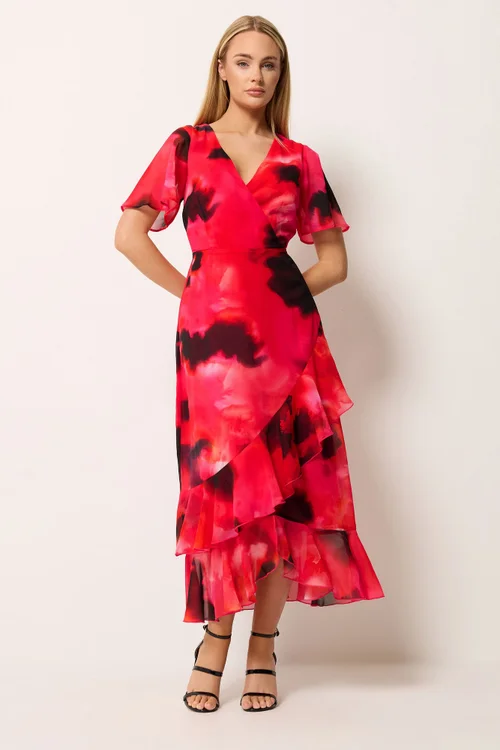 Star By Julien Macdonald Red Blurred Floral Tiered Wrap Dress - 16 Image 2