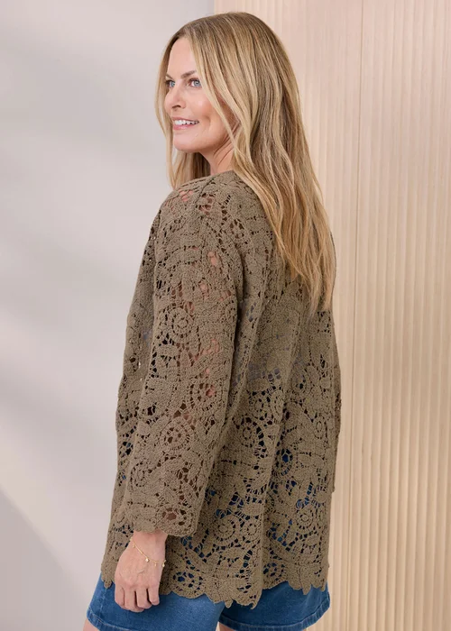 Cotton Traders Mid Khaki Crochet Cardigan - 14-16 Image 3