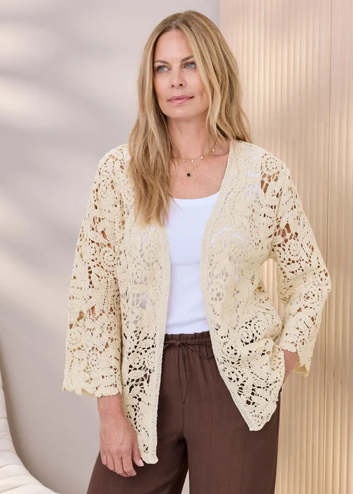 Cotton Traders Natural Crochet Cardigan - 14-16 Image 2