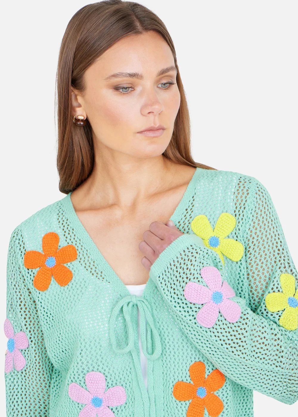 Yumi Mint Tie Front Cardigan With Flower Design - L Image 3