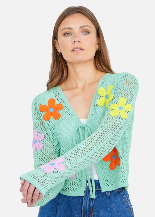 Yumi Mint Tie Front Cardigan With Flower Design - L Image 1