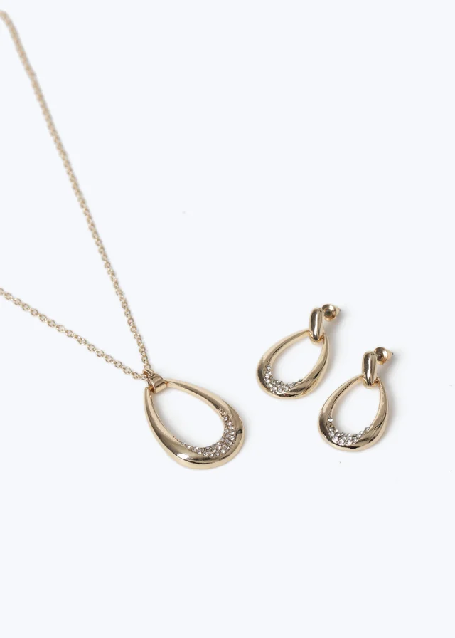 Muse Gold Rhinestone Oval Earrings & Necklace Set