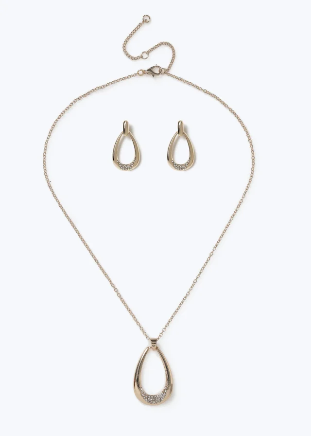Muse Gold Rhinestone Oval Earrings & Necklace Set