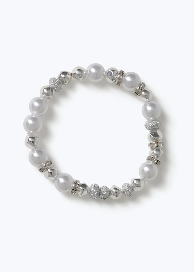 Muse Silver Pearl Rhinestone Stretch Bracelet