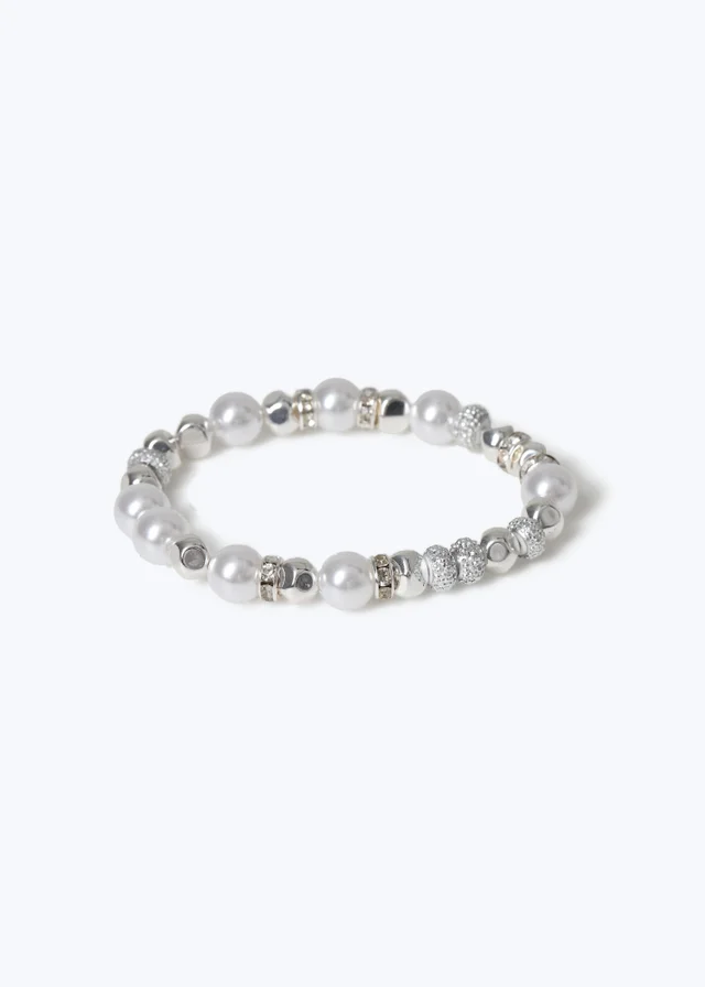Muse Silver Pearl Rhinestone Stretch Bracelet