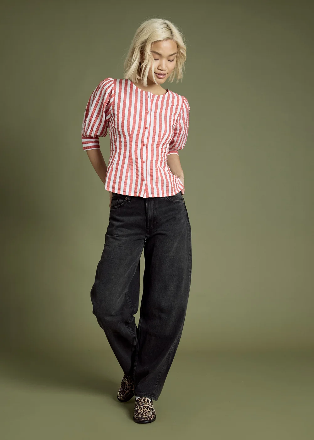 Neon Rose Red Cotton Nautical Stripe Puff Sleeve Blouse - L Image 4