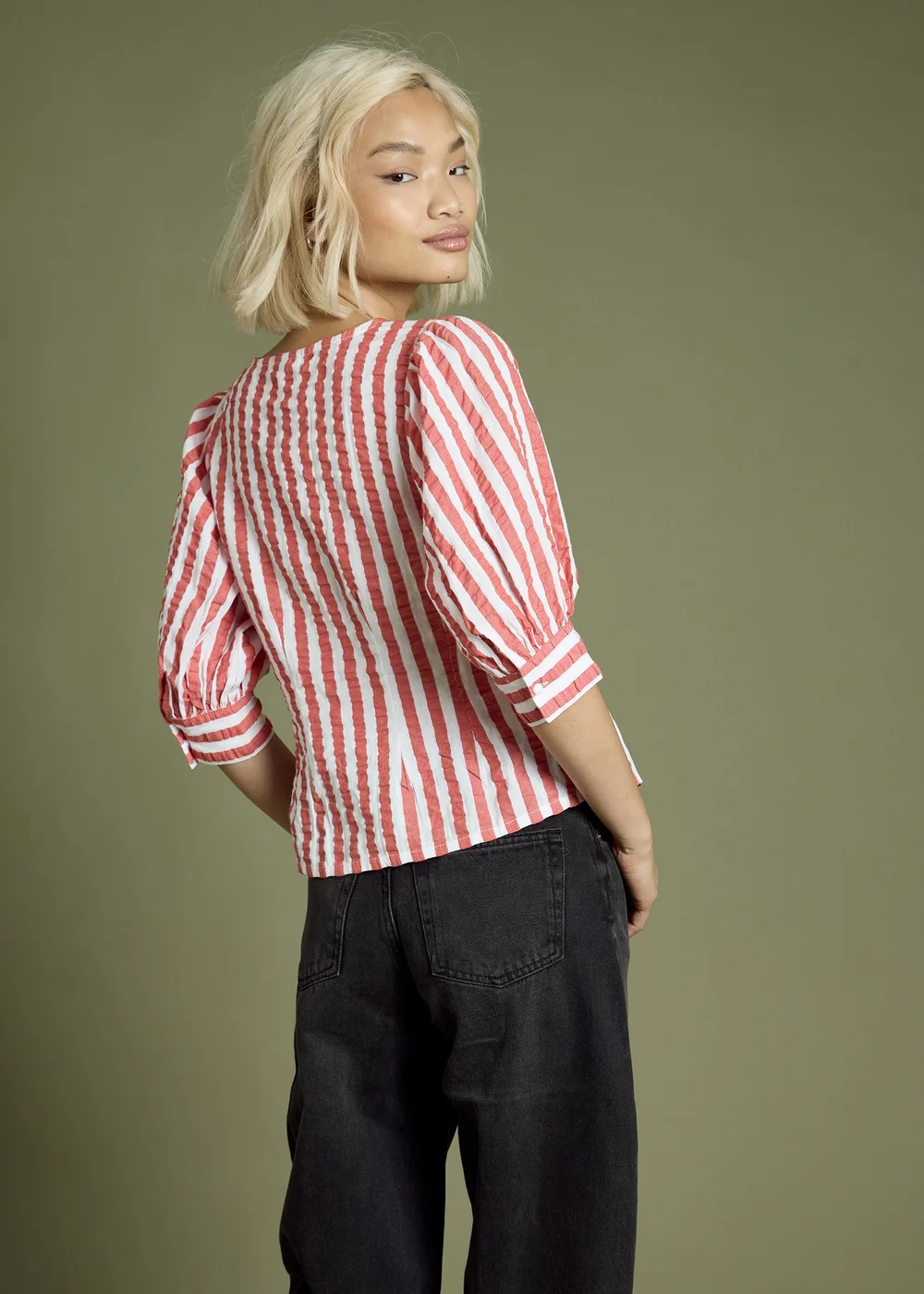 Neon Rose Red Cotton Nautical Stripe Puff Sleeve Blouse - L Image 2