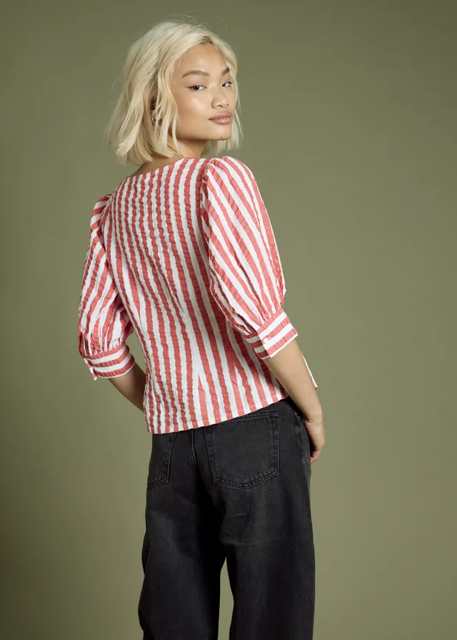 Neon Rose Red Cotton Nautical Stripe Puff Sleeve Blouse