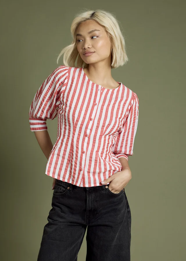 Neon Rose Red Cotton Nautical Stripe Puff Sleeve Blouse