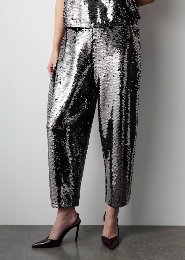 Silver Sequin Straight Leg Co Ord Trousers