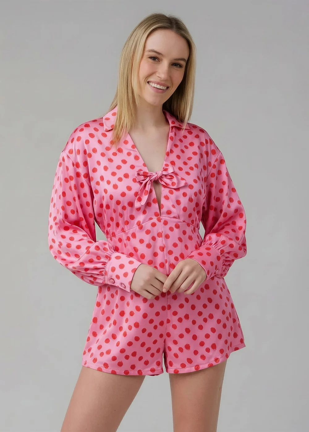 Wednesday’s Girl Pink Polka Dot Satin-Style Plunge Neck Tie Long Sleeve Playsuit - 14 Image 1