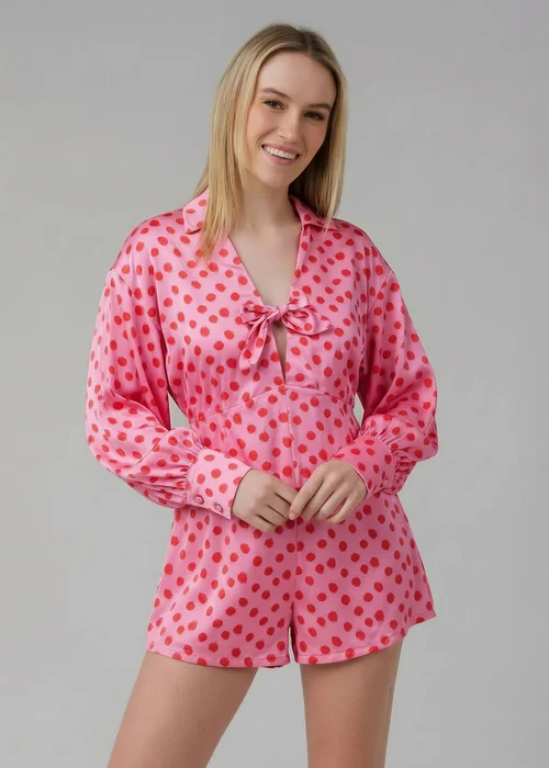Wednesday’s Girl Pink Polka Dot Satin-Style Plunge Neck Tie Long Sleeve Playsuit - 14 Image 1