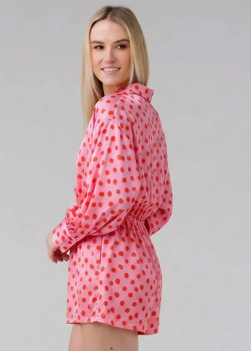Wednesday’s Girl Pink Polka Dot Satin-Style Plunge Neck Tie Long Sleeve Playsuit - 14 Image 2