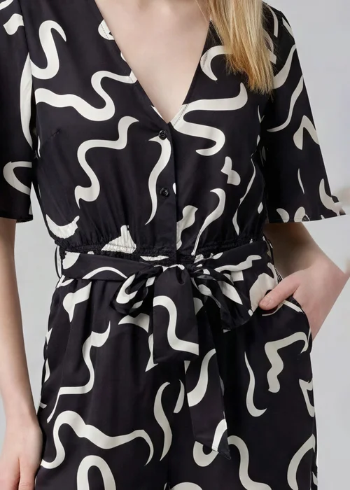 Wednesday’s Girl Black Smudge Print V-Neck Button Tie Fastening Wide-Leg Jumpsuit - 8 Image 3